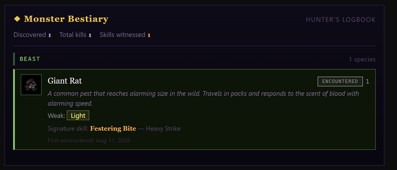 A Hunter's Logbook entry for the Giant Rat: portrait, lore, Light weakness and signature skill