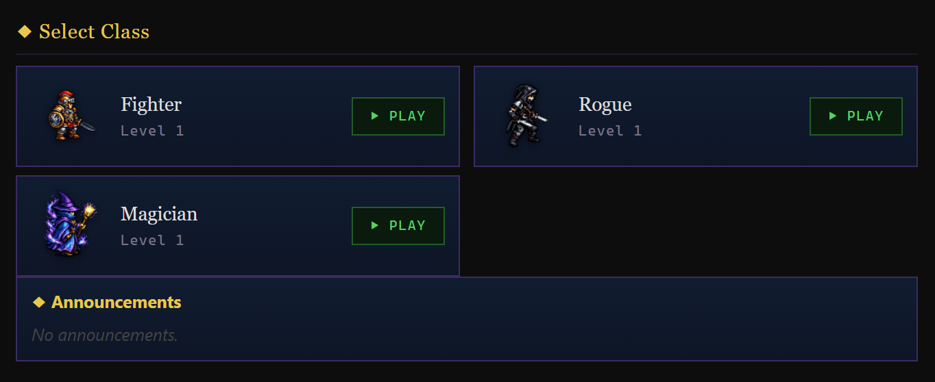 The Select Class screen showing Fighter, Rogue and Magician cards with Play buttons