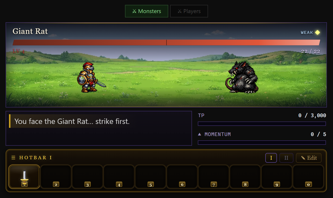 The combat card: enemy nameplate with HP bar and weakness gem, battle diorama, combat log, TP and Momentum meters, hotbar