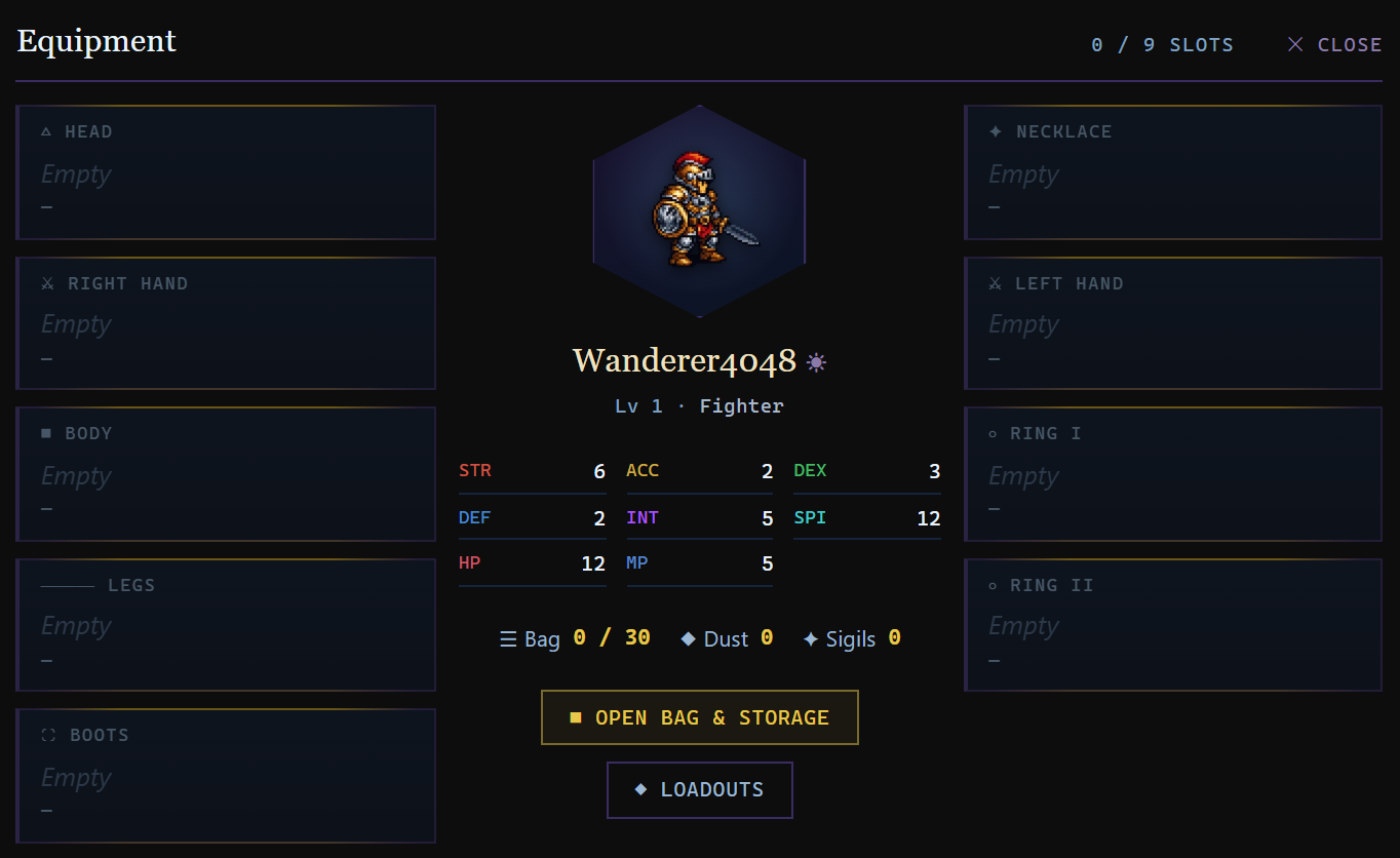 The Equipment screen: nine gear slots around the character portrait, with stats, bag and loadout buttons