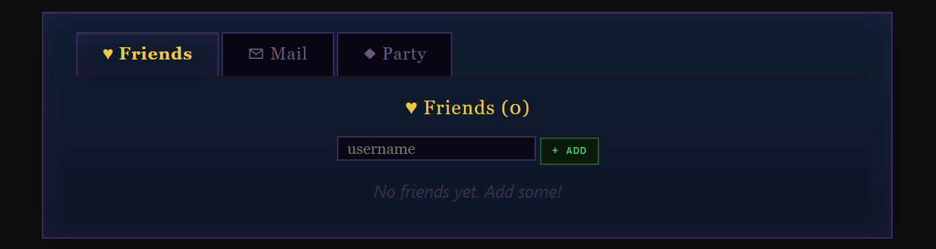 The Friends panel with its Friends, Mail and Party tabs