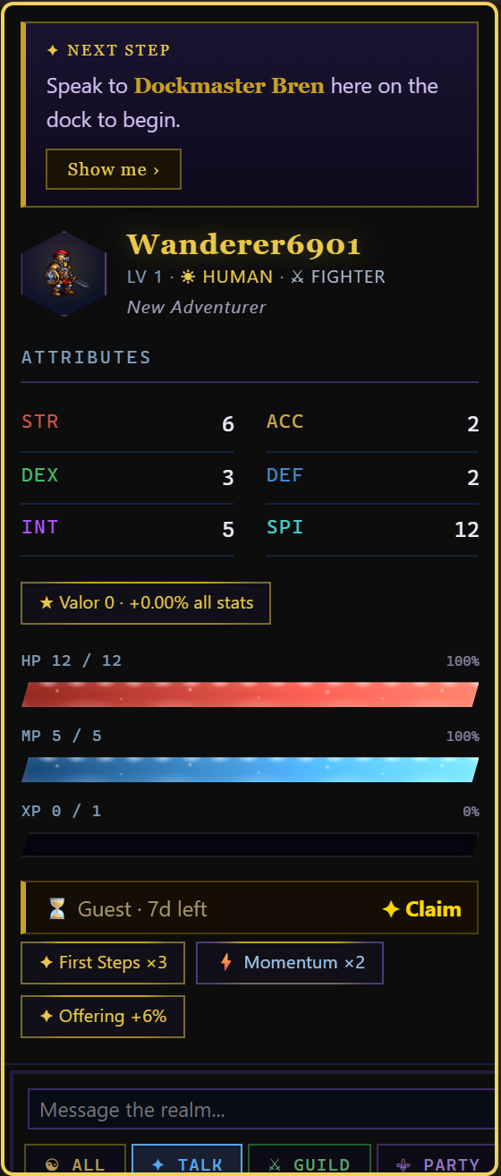 A fresh guest character panel showing the Next Step rail, attributes, vitals and the gold Claim banner