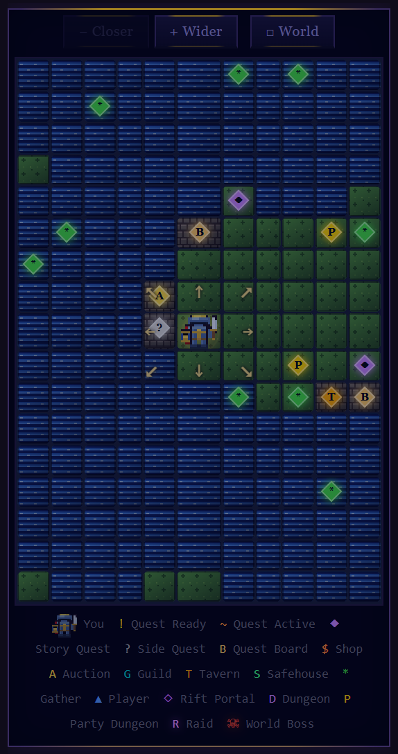 The close-zoom minimap: terrain tiles, POI badges, gold movement arrows around the player sprite, and the map legend