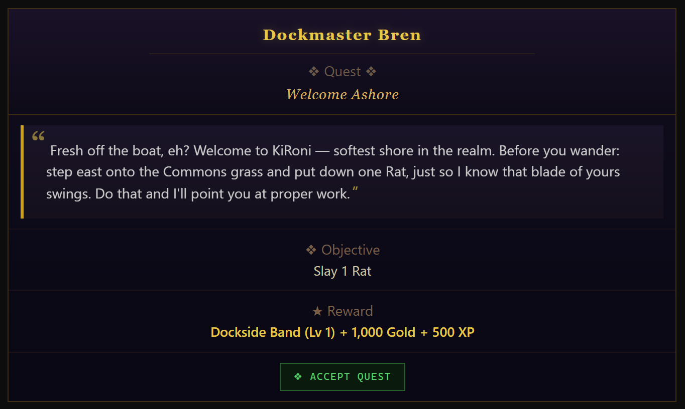 Dockmaster Bren offering the quest Welcome Ashore, with dialogue, objective and reward panels