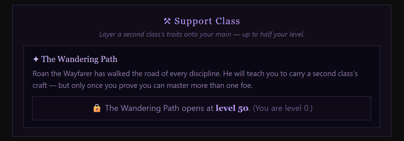 The Support Class screen: Roan the Wayfarer's Wandering Path, locked until level 50
